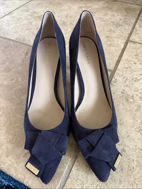 Cole Haan Shoes - Cole Haan Navy Suede Pointed Toe Pumps with Bow Accent